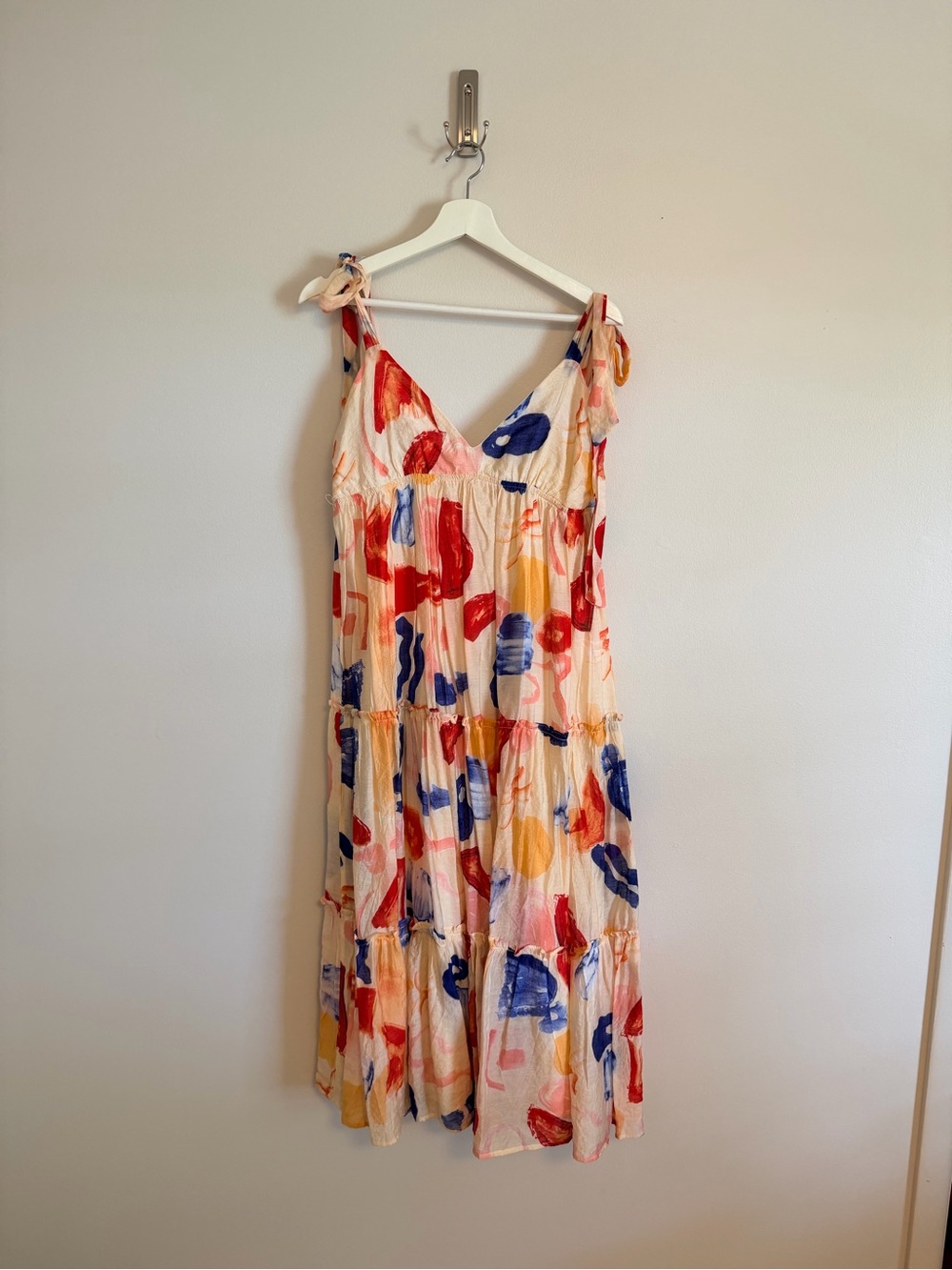 Abstract Women’s Midi Dress— Cream with Red, Blue & Yellow